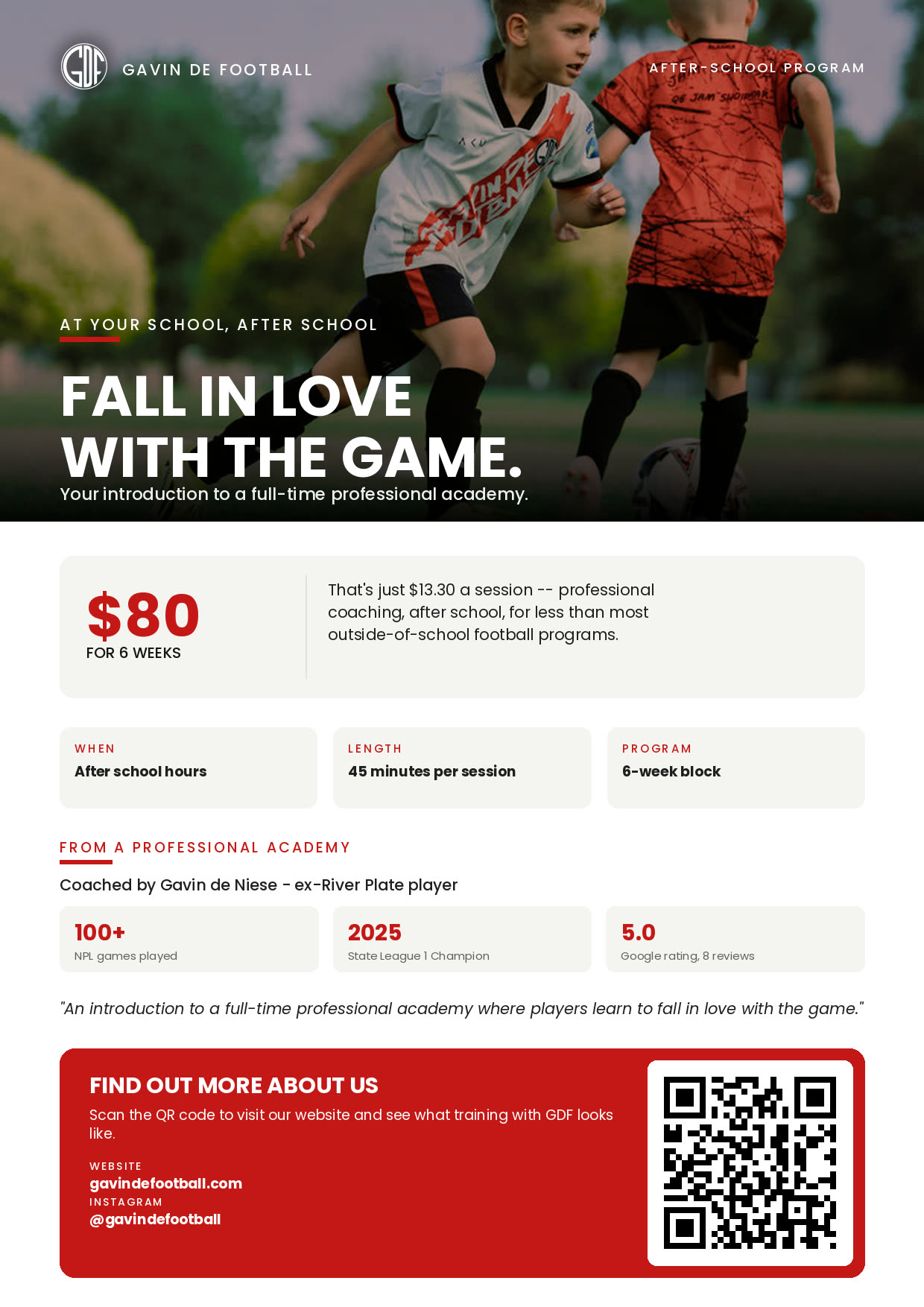 GDF After-School Program flyer — $80 for 6 weeks, 45 minutes per session, after school hours, coached by ex-River Plate player Gavin de Niese.